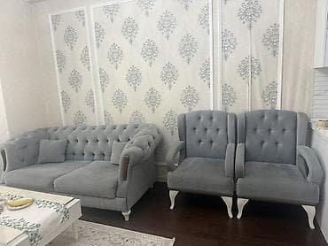 klassik divanlar: Boz rəngli yumşaq dəst – 1 divan + 2 kreslo - Parça: məxməri toxuma — 1