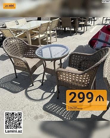 perla stul: Bağ mebeli dəsti – rattan üslubunda 3 hissə: - 2 ədəd rahat oturacaqlı — 1