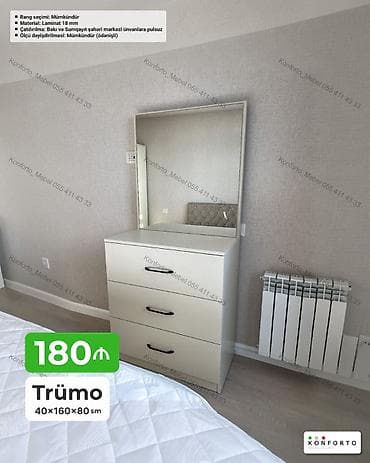 taxta komod: Trümo – 40×160×80 sm - Geniş güzgülü üst hissə, 3 dərin çekmece ilə — 1