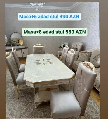 masa dəst: Qonaq otağı üçün, Yeni, Açılmayan, Dördbucaq masa, 6 stul — 4