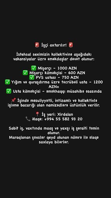 taksi buraxilis olan masinlar: Vakansiyalar – istehsal sexi Aşağıdakı vəzifələr üzrə əməkdaşlar — 1