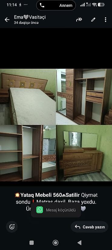 matras satilir: *💥Yataq Mebeli 560₼Satilir* Qiymət sondu❗Matras daxil. Baza yoxdu — 1