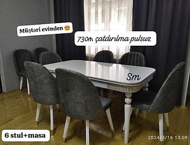 Столы и стулья: 6 stul + masa qonaq otağı/dining dəsti. Dəstə 1 ədəd düzbucaqlı masa — 2