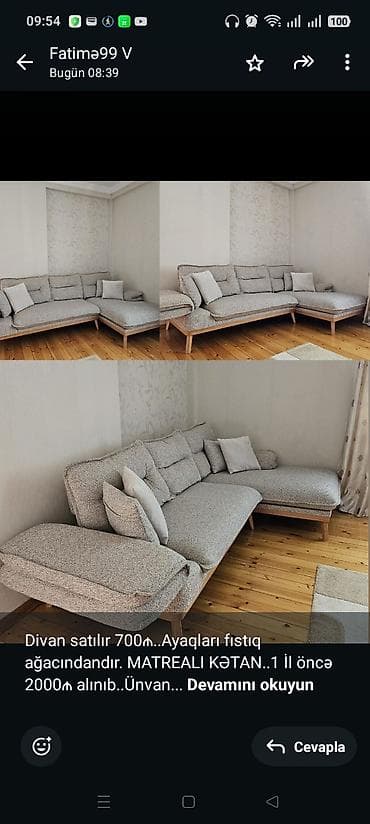 komputer stolu satisi: Divan satılır 700₼. Ayaqları fıstıq ağacındandır. MATREALI KƏTAN. 1 İl — 1