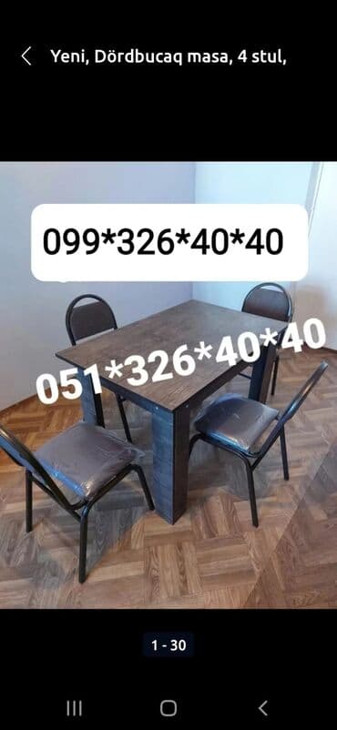 Masa və oturacaq dəstləri: Qonaq otağı üçün, Yeni, Açılmayan, Dördbucaq masa, 4 stul — 13