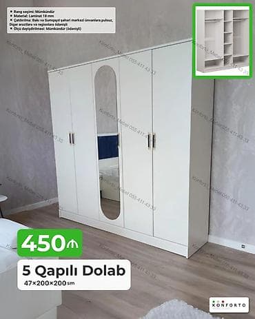 5 qapılı dolab – 47×200×200 sm - Material: 18 mm laminat - Rəng