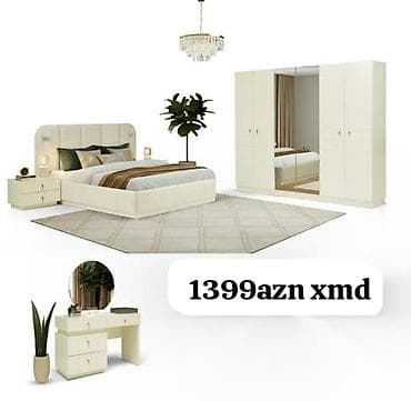 Мебель: Yataq otağı dəsti – krem rəngində, müasir minimal dizayn. Dəst — 1