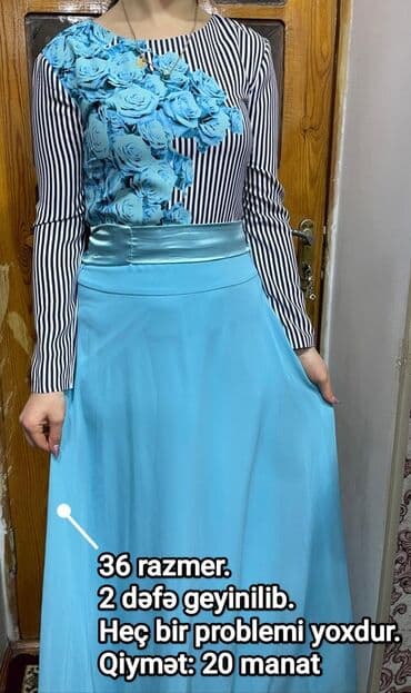 Mavi rəngli zərif don. - Üst hissə: qara-ağ zolaqlı uzunqol, çiyin və