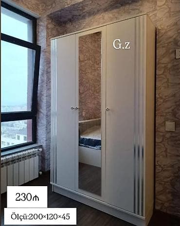 Ağ rəngli üç qapılı geyim dolabı - Ön hissədə tam ölçülü güzgü (orta lalafo.az -da Ağ rəngli üç qapılı geyim dolabı - Ön hissədə tam ölçülü güzgü (orta