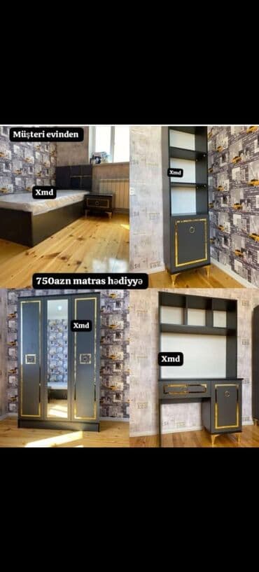 yazı masa: Ağ rəngli yataq dəsti, dörd qapılı dolab, yazı masası, çarpayı və tək — 6