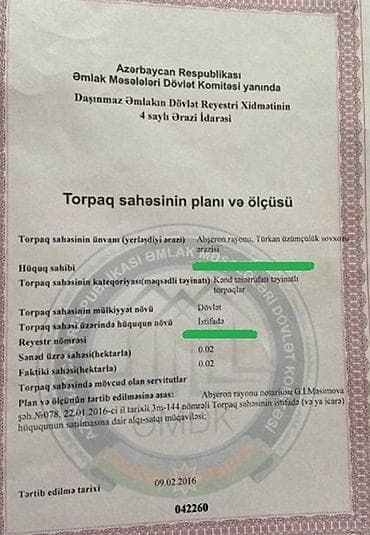 Kirayə torpaq sahələri: 2 sot, Biznes üçün, Mülkiyyətçi, Kupça (Çıxarış) — 1