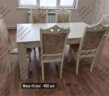 Masa və oturacaq dəstləri: Qonaq otağı üçün, Yeni, Açılmayan, Dördbucaq masa, 6 stul — 1