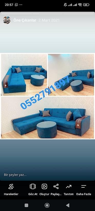 divan kafe: L formalı yumşaq künc dəsti. Müasir dizayna malik bu model mavi rəngli — 1