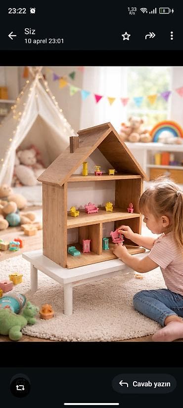 iki mertebeli krafat: Taxta Kukla Evi – rəfli model - Material: təbii ağac görünüşlü — 2