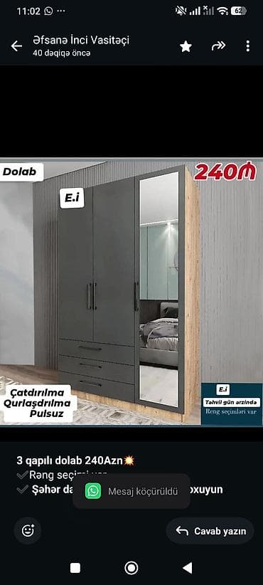 Мебель на заказ: *3 qapılı dolab 240Azn💥* ✔️Rəng seçimi var ✔️ *Şəhər daxili — 1