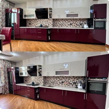 mat metbex mebelleri: Mətbəx mebeli dəsti – müasir dizayn, bordovı parlaq fasadlar + açıq — 1