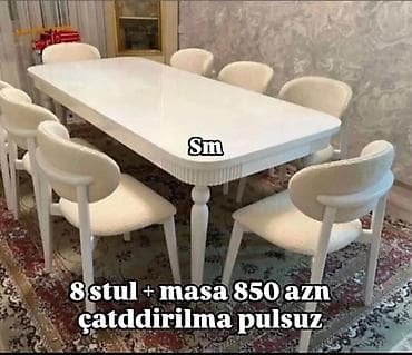 ag masa: Ağ rəngli yemək otağı dəsti: - 1 ədəd uzun düzbucaqlı masa, yumru — 1