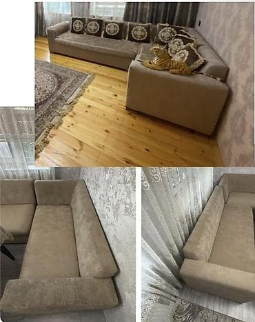 masa mebel: Künc divanı – yumşaq bej rəngli məxməri/parça toxuması, müasir minimal — 1