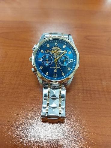 Kişi qol saatı – mavi siferblatlı, metal qolbaqlı - Korpus: parlaq