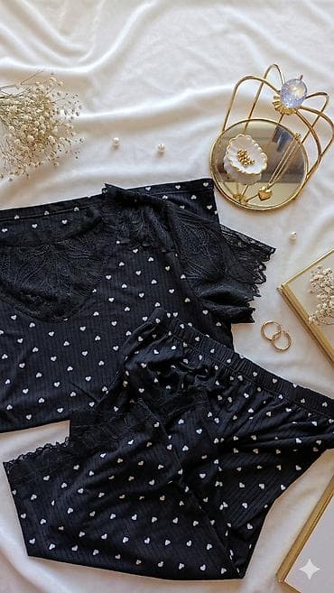 Нижнее белье: Qadın pijama dəsti – ürək naxışlı, krujeva detallı - Model: qısaqol — 2