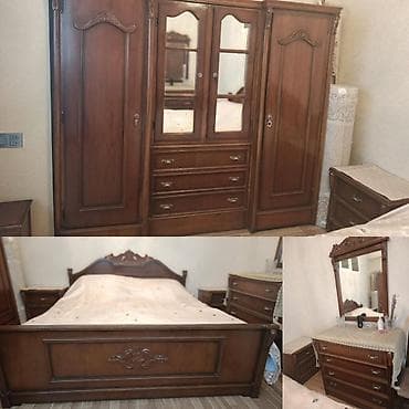 Двуспальная кровать, 2 тумбы, Трюмо, Шкаф, Б/у — 1