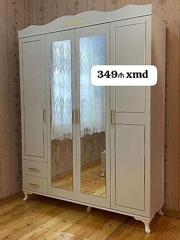 4 qapılı, Güzgülü, Ağ, Taxta, Açılan, Düz dolab