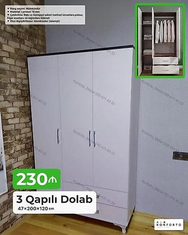 skafi: 3 qapılı paltar dolabı – 47×200×120 sm Xüsusiyyətlər: - Material: 18 — 1