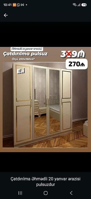 Üç qapılı şkaf – güzgülü orta bölmə ilə - Ölçü: 200 x 160 x 47 sm -