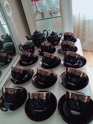 Qab-qacaq və mətbəx ləvazimatları: Çay dəsti, rəng - Göy, Farfor, 12 nəfərlik, SSRİ — 3