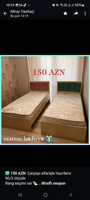 matrasi: ✅ *150 AZN* Çarpayı sifarişlə hazırlanır 90/2 ölçüde Rəng seçimi var — 1