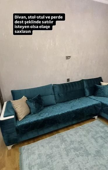 usdul usdol: Qonaq otağı üçün mebel və pərdə dəsti satılır. Dəstə divan, stol-stul — 3