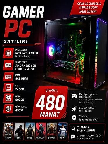 Sistem bloku satilir i3 9100f rx580 8gb ssd240 hdd500 gida bloku 450w