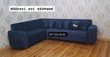 L‑şəkilli yumşaq künc divan - Rəng: tünd göy (klassik, dərin ton) -