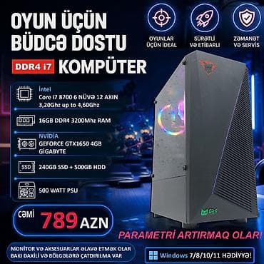 Masaüstü kompüterlər və iş stansiyaları: Oyun üçün Kompüter "DDR4 Core i7 8700 16GB Ram GTX1650 4GB 240GB — 1