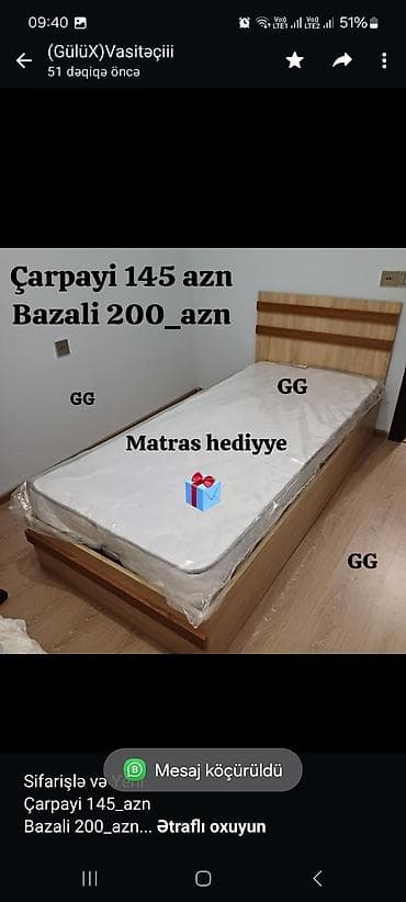 Мебель на заказ: Sifarişlə və Yeni Çarpayi 145_azn Bazali 200_azn Ölçü 2m×90sm. Matras — 1