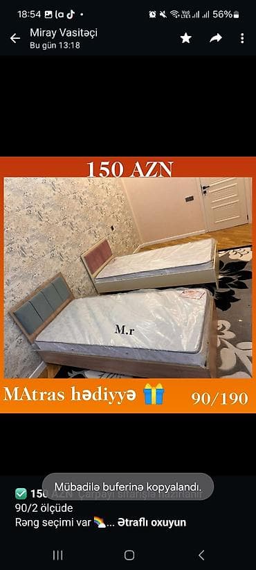matrasi: ✅ *150 AZN* Çarpayı sifarişlə hazırlanır 90/2 ölçüde Rəng seçimi var — 2
