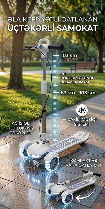 детские самокаты с родительской ручкой: Əla keyfiyyətli, qatlanan üçtəkərli uşaq samokatı - Rul hündürlüyü — 1