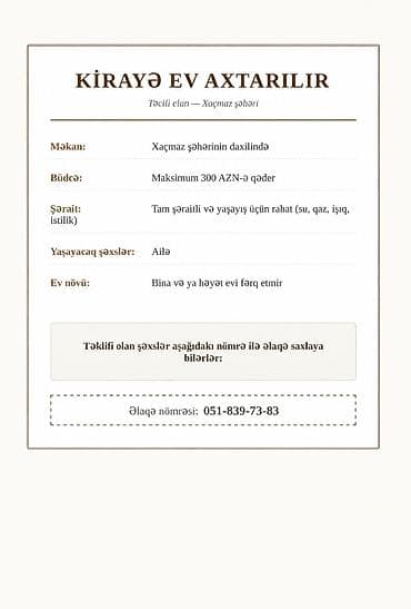gence ucuz bina evleri: Xidmət: Kirayə ev axtarışı Axtarılan ərazi: Xaçmaz şəhərinin — 1