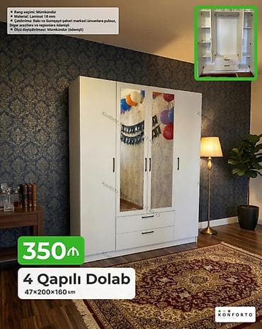 4 qapılı paltar dolabı – 47×200×160 sm - Material: 18 mm laminat -