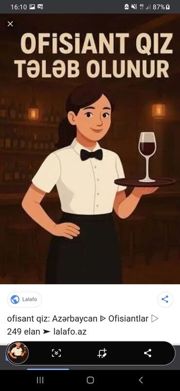 Ofisiant tələb olunur, Restoran, Gündəlik ödəniş, 18-29 yaş, Təcrübəsiz