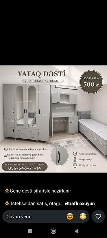 mebel ustu: Yataq dəsti – sifarişlə hazırlanır Komplekt: - 3 qapılı dolab: aynalı — 1