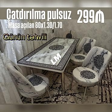 quxna stollari: Mətbəx masa ( üstü şüşə) + 4 stull dəst Qiymət : 290 ₼ Masa ölçü : 80 — 4
