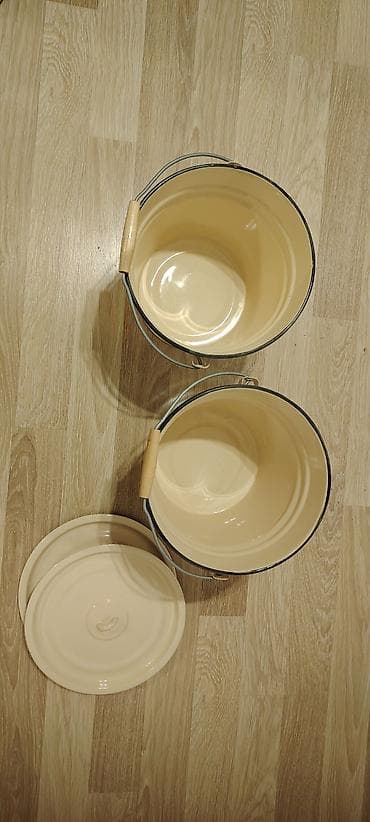 Emallı metal vedrə dəsti – 2 ədəd - Rəng: krem (bej), üzərində meyvə — 1