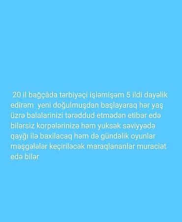 Uşaq baxıcısı və tərbiyəçi xidməti - 20 il bağçada tərbiyəçi lalafo.az -da Uşaq baxıcısı və tərbiyəçi xidməti - 20 il bağçada tərbiyəçi