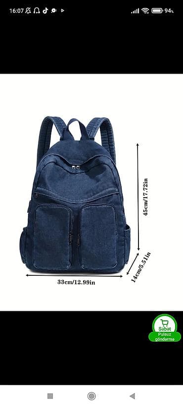 mektebli çanta: Məhsul: Denim materialdan gündəlik bel çantası Ölçülər: - Hündürlük — 1