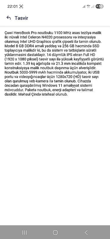 Chuwi HeroBook Pro noutbuku - Prosessor: Intel Celeron N4020, 2 nüvə