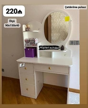 Ağ rəngli kosmetik masa və güzgü dəsti - Ölçü: 90 × 150 × 40 sm -
