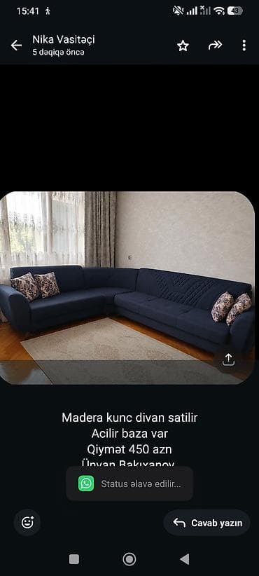 Madera kunc divan satilir Acilir baza var Qiymət 450 azn Ünvan