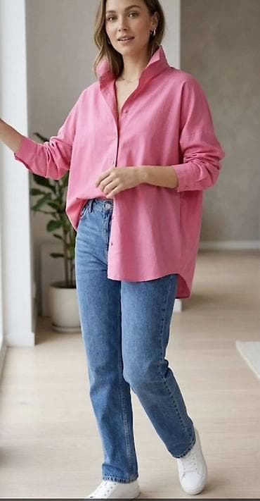 Qadınlar üçün oversize düyməli köynək – çəhrayı - Model: oversize