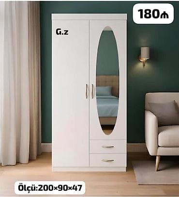 Ağ rəngli 3 qapılı şkaf, önündə oval güzgü paneli. - Ölçü: 200×90×47